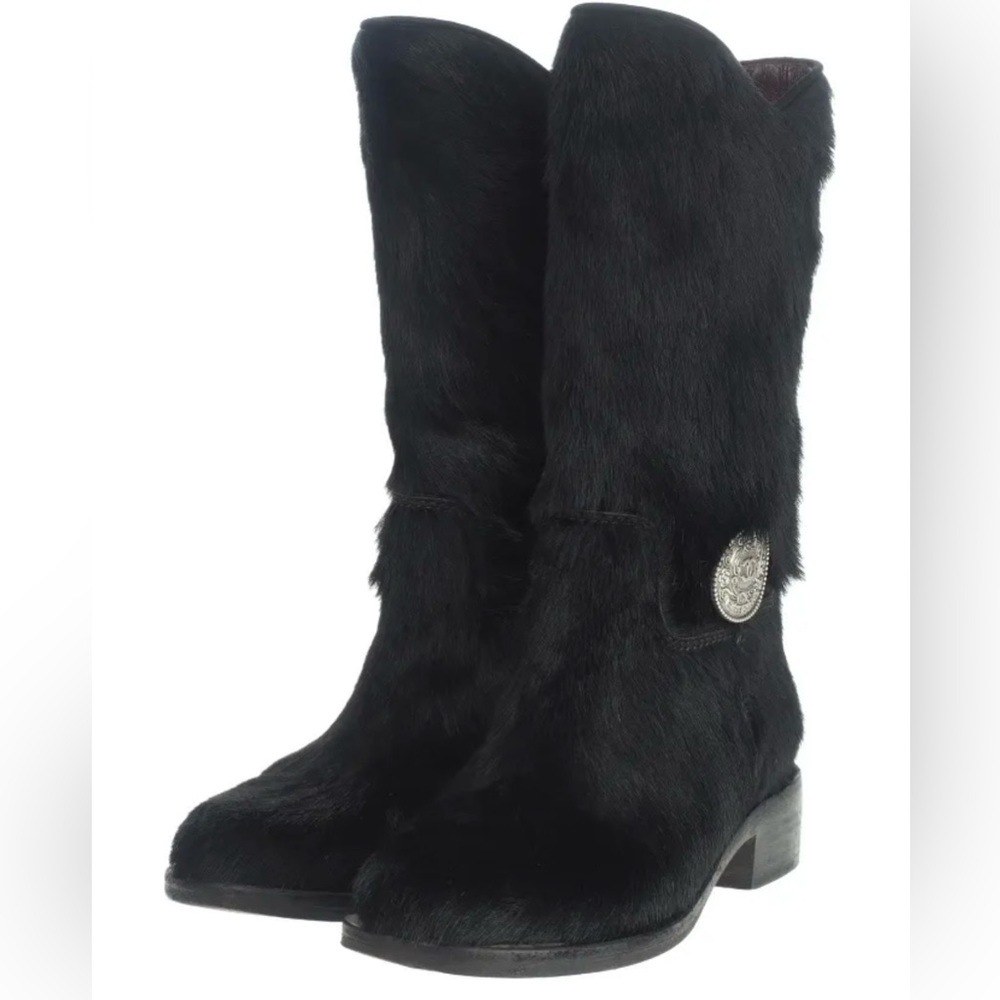 CHANEL BLACK MEDALLION CC LOGO BOOTS PONY HAIR FUR SZ 37.5